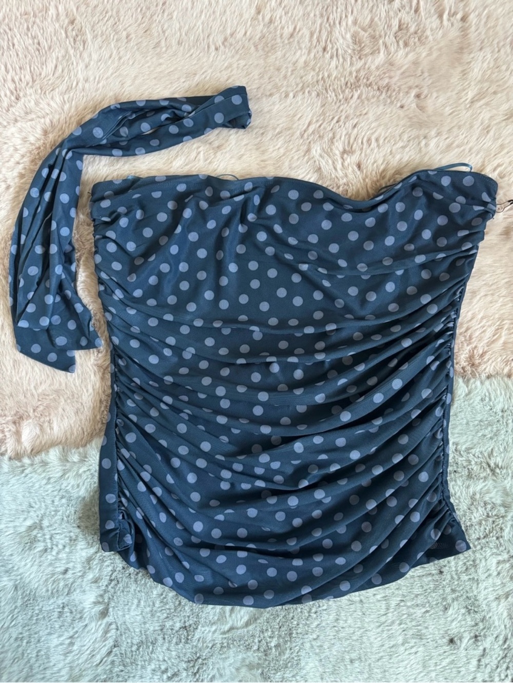 Milk and honey blue polka dot strapless tube top with scarf